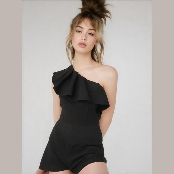 Aqua Black Knit One Shoulder Ruffle Short Romper Women Sz S NWT - Picture 1 of 8